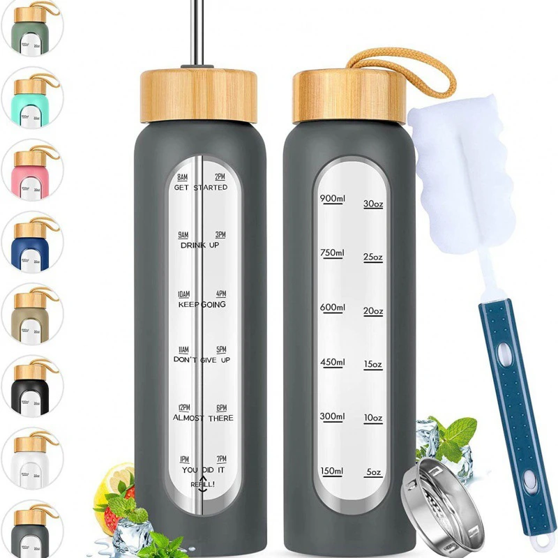glass water bottle wood lid with silicone sleeve with measurements